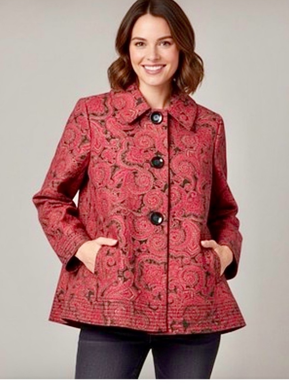 Talbots Paisley Brown Red Chunky Button-Front Swing Pea Coat Fall Layering Boho